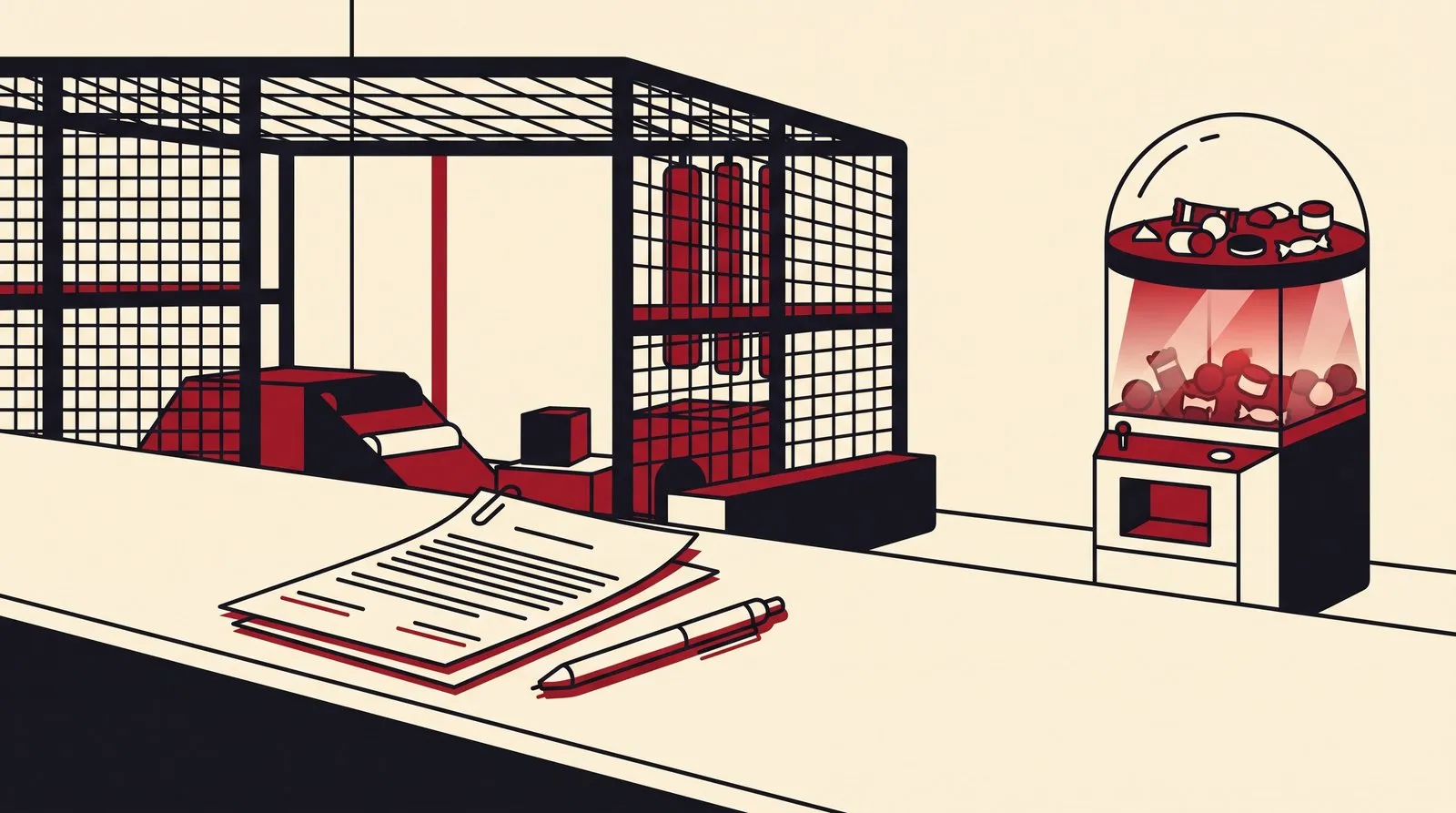 A paper agreement and a pen on a counter beside an indoor play area, a vending machine lit against the far wall
