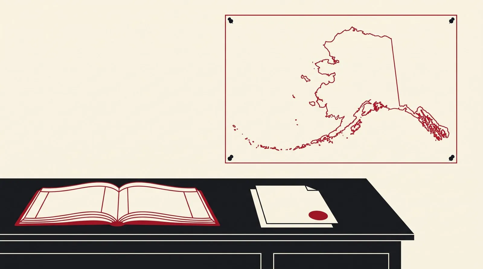 A ledger and a bonded-seller registration form on a desk, a map of Alaska pinned above with no markers on it