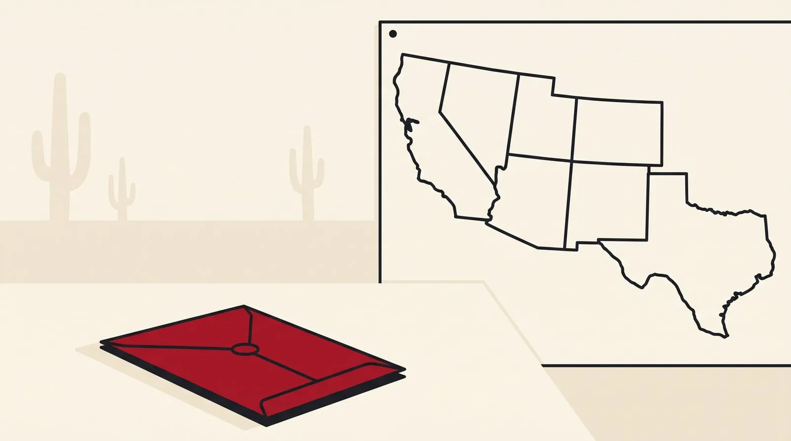 An unopened placement agreement on a desk beside a map of the southwest with no pins in it