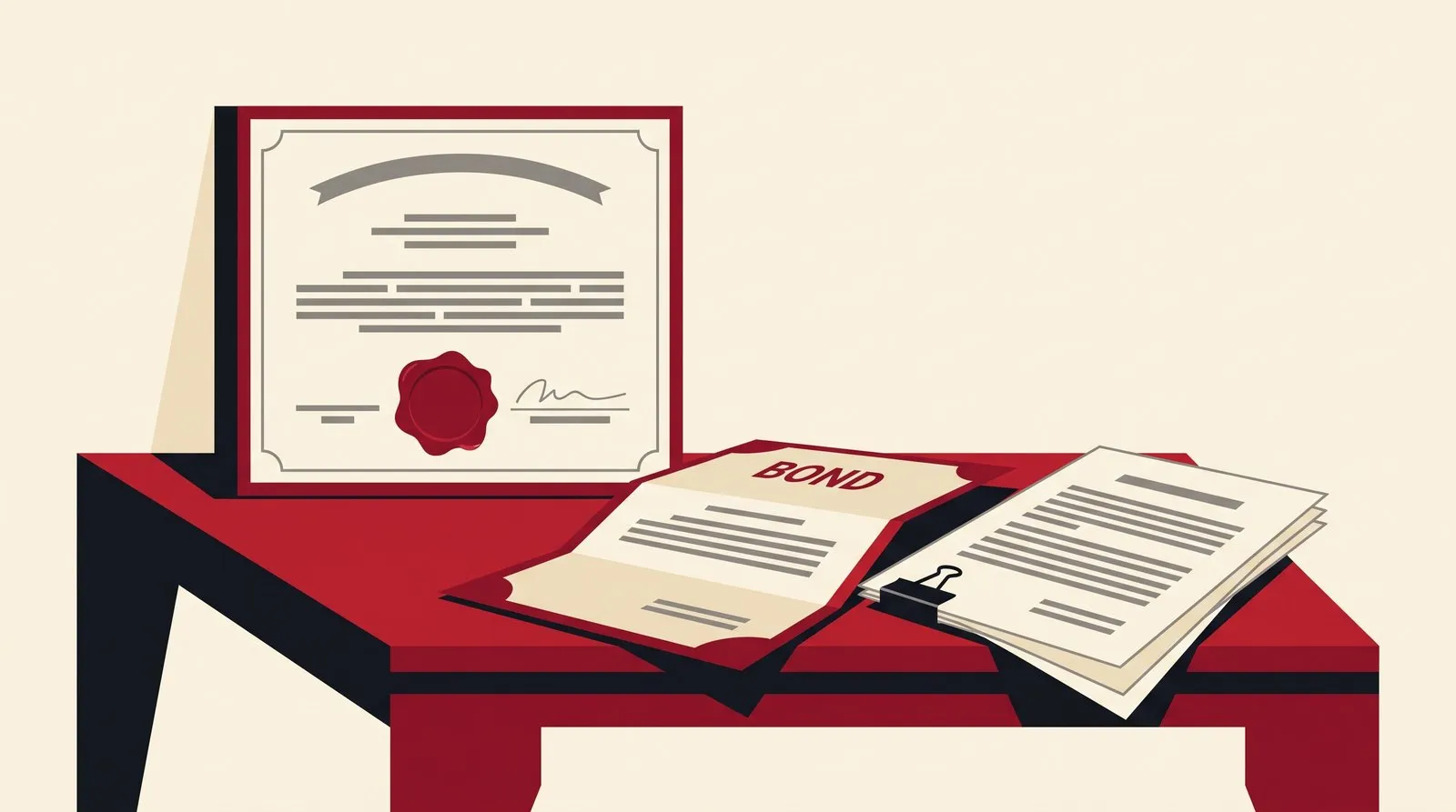A registration certificate and a bond document on a desk beside a locator agreement