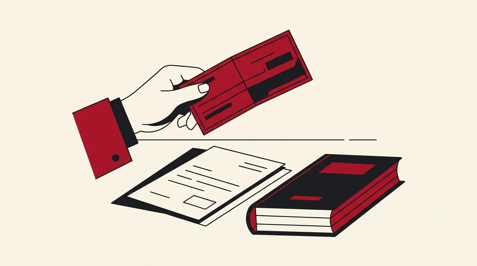 A cheque held back on a desk beside an unsigned agreement and a state code volume