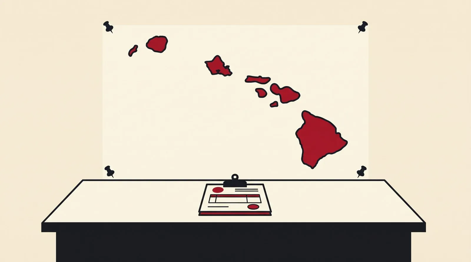 A desk with a tax licence form and an island map, no pins marked on it