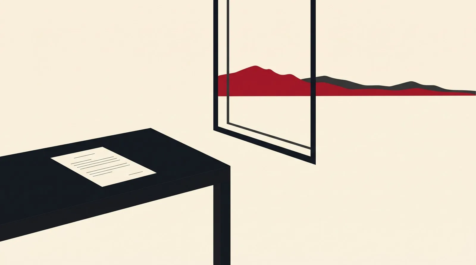 An unsigned agreement on a desk with a mountain horizon beyond the window and no map pins in sight