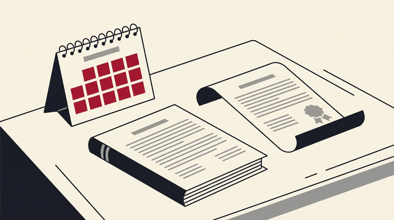 A desk calendar beside a thick disclosure document and a registration certificate