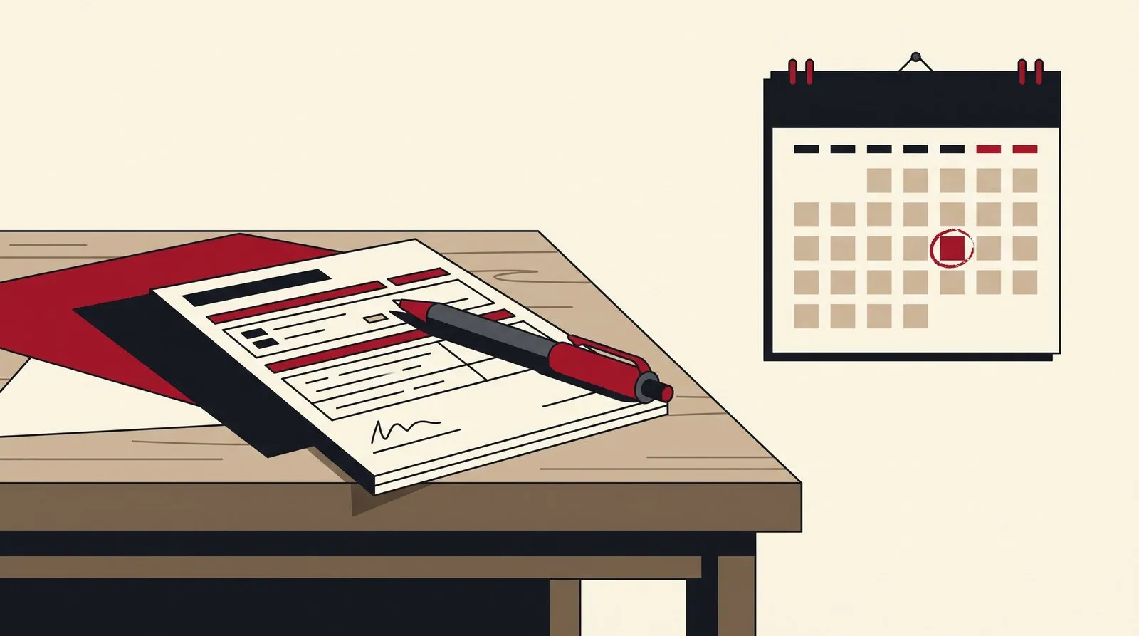 A licence application form and a desk calendar with a date circled a month ahead