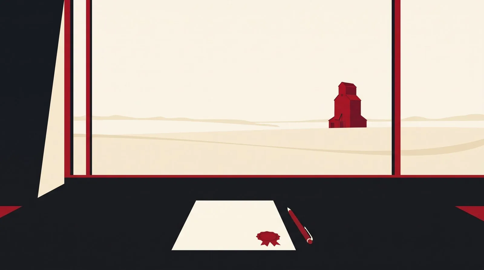 An unsigned agreement on a plain desk with wide flat country through the window