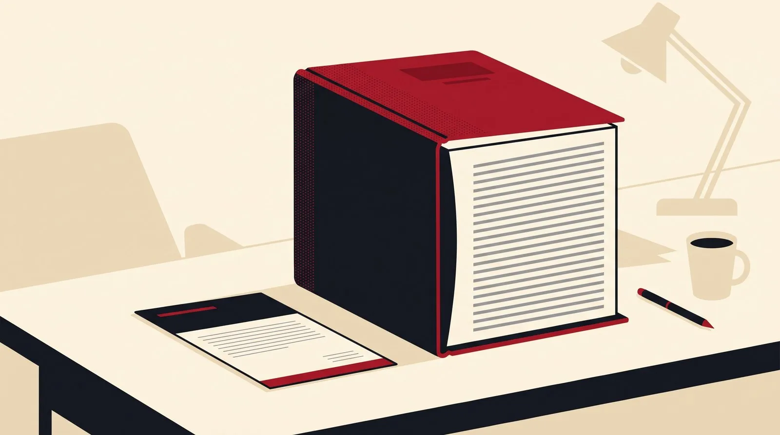 A thick bound franchise disclosure binder on a desk, dwarfing a thin leaflet beside it