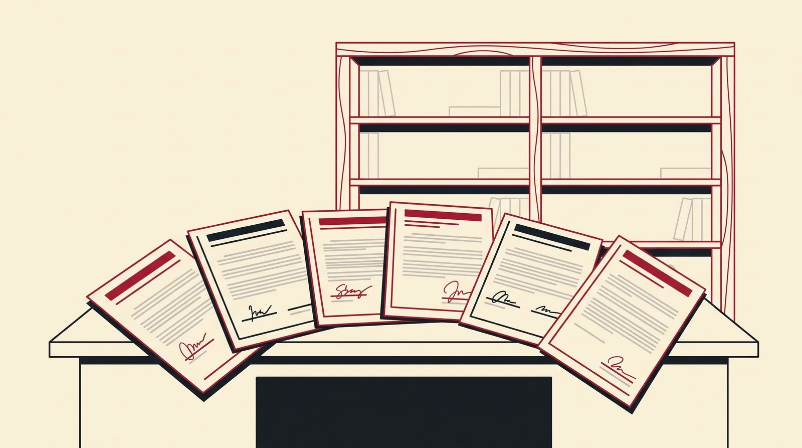 Six signed agreements fanned across a desk with no statute book beside them