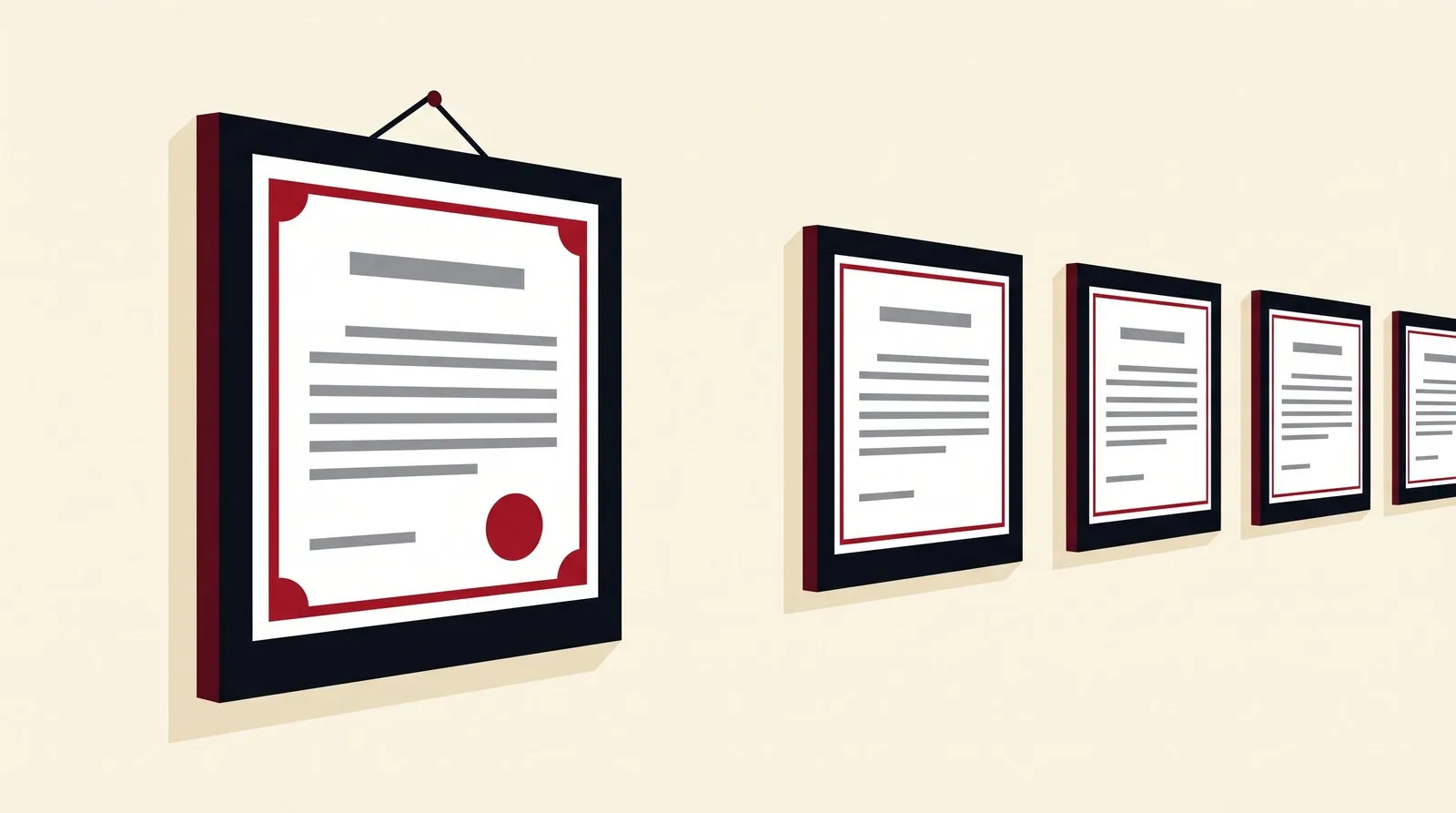 A single licence certificate in a frame of its own, apart from a row of other frames