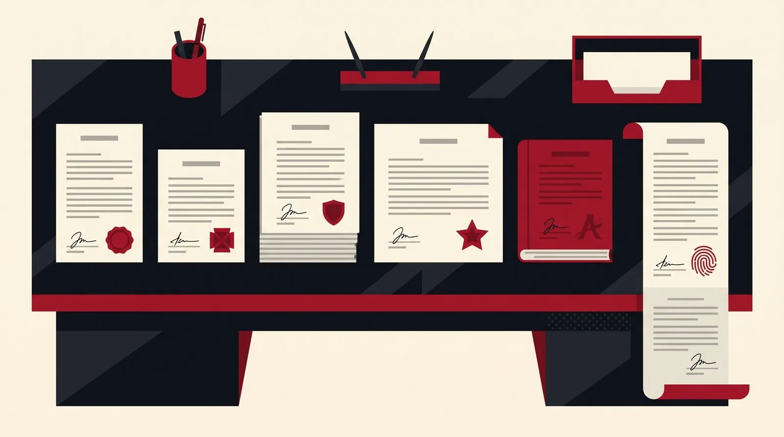 Six agreements of visibly different sizes laid in a row on a desk