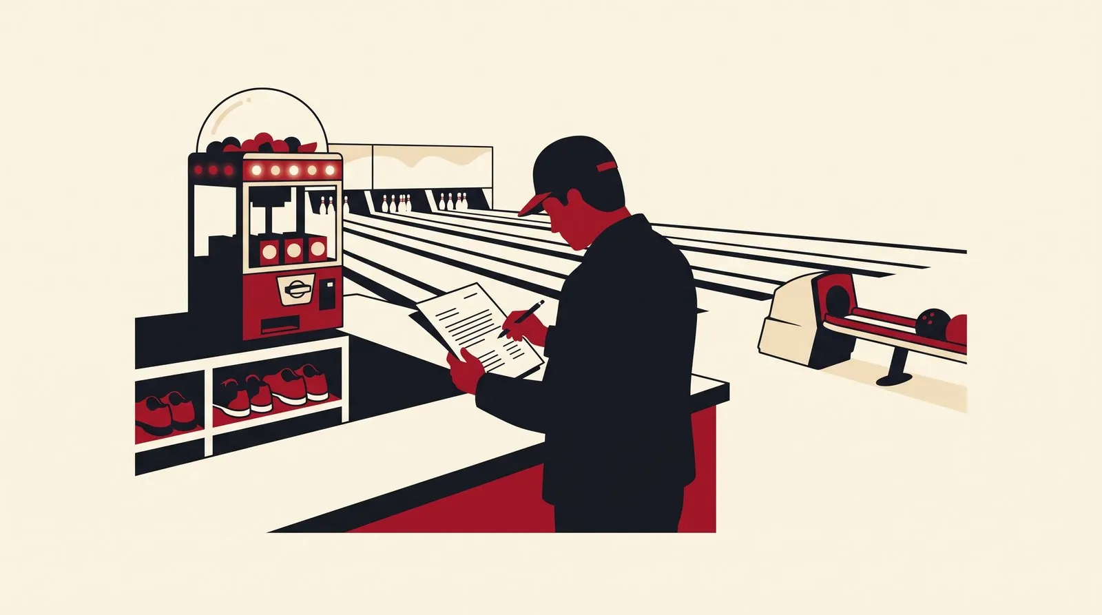 An operator reads a placement agreement at a bowling alley counter, beside a prize machine and a rack of bowling shoes