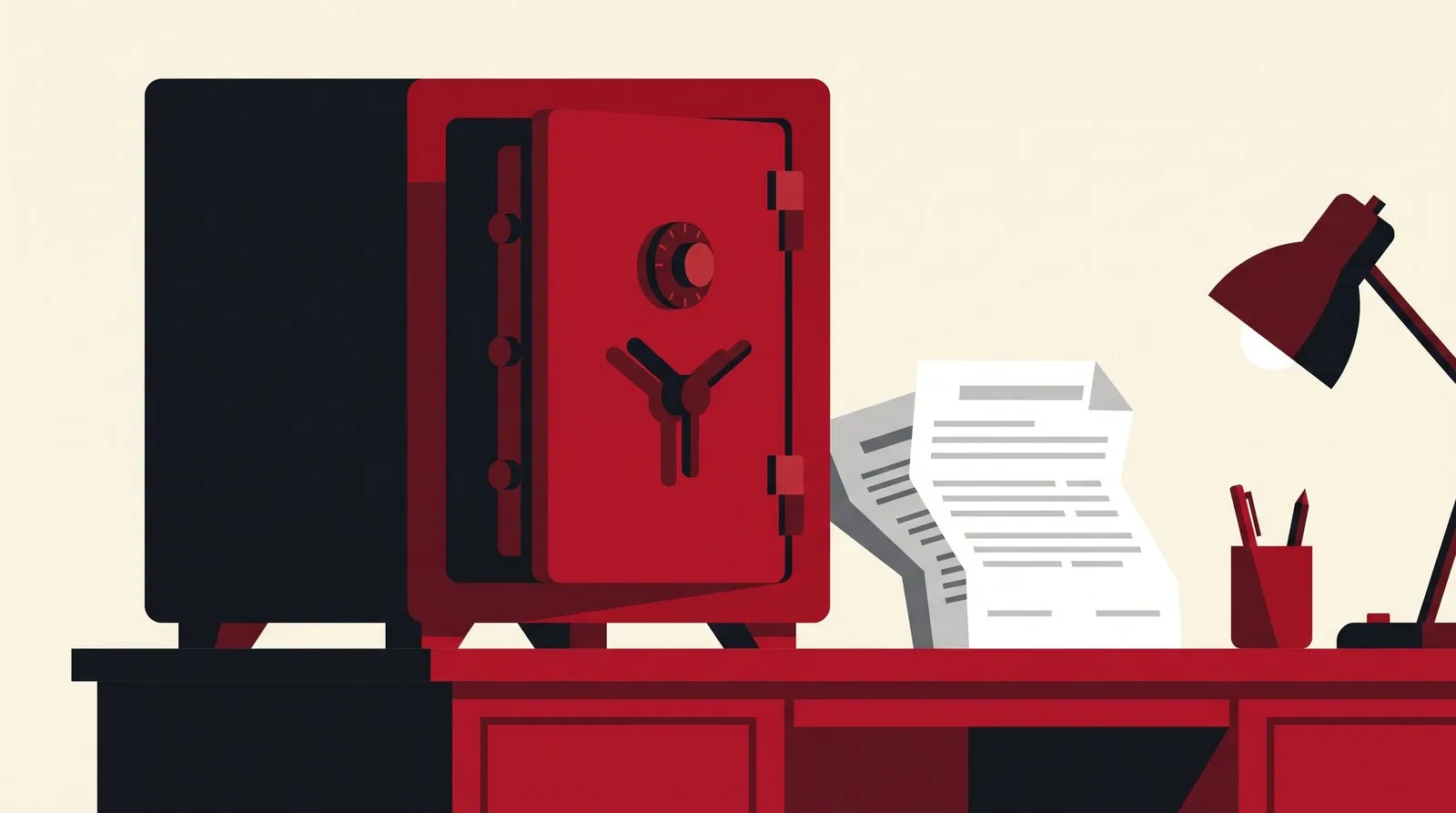 A registration form pushed aside on a desk beside a large closed safe
