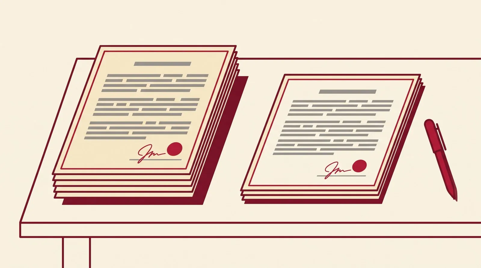 Two identical agreements side by side, one visibly thinner than the other