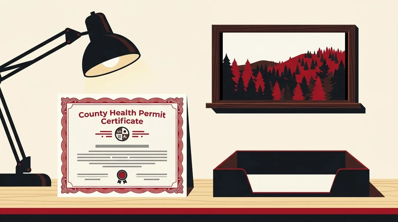 A county health permit certificate on a desk beside an empty document tray, a wooded ridge through a small window