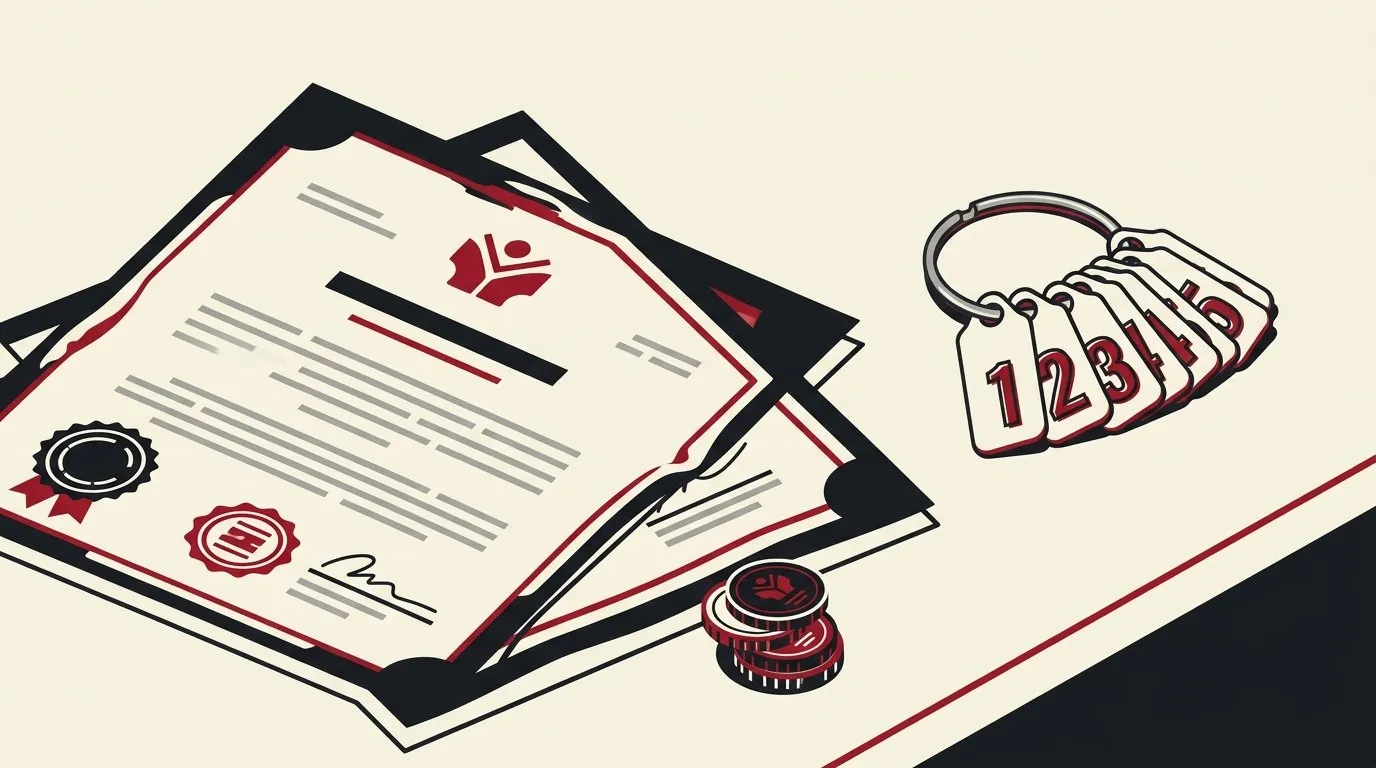A licence certificate on a desk beside a ring of small numbered metal tags and a few stacked coins