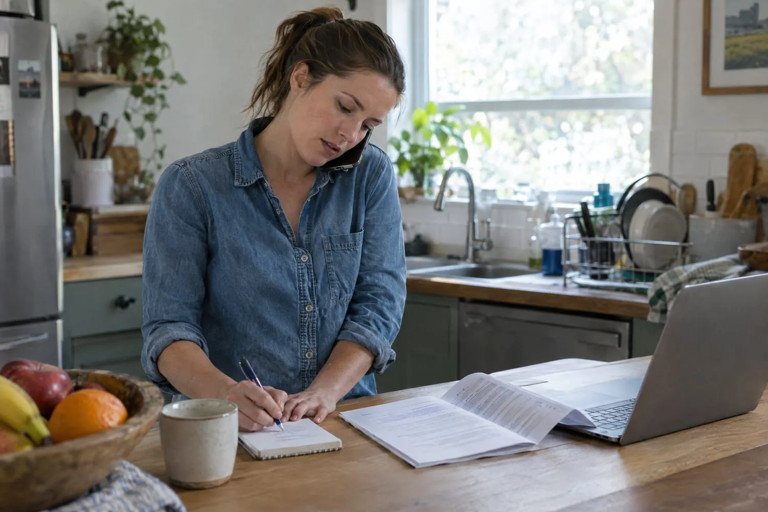 A woman on a phone call at her kitchen counter writes on a notepad beside a laptop and a printed contract
