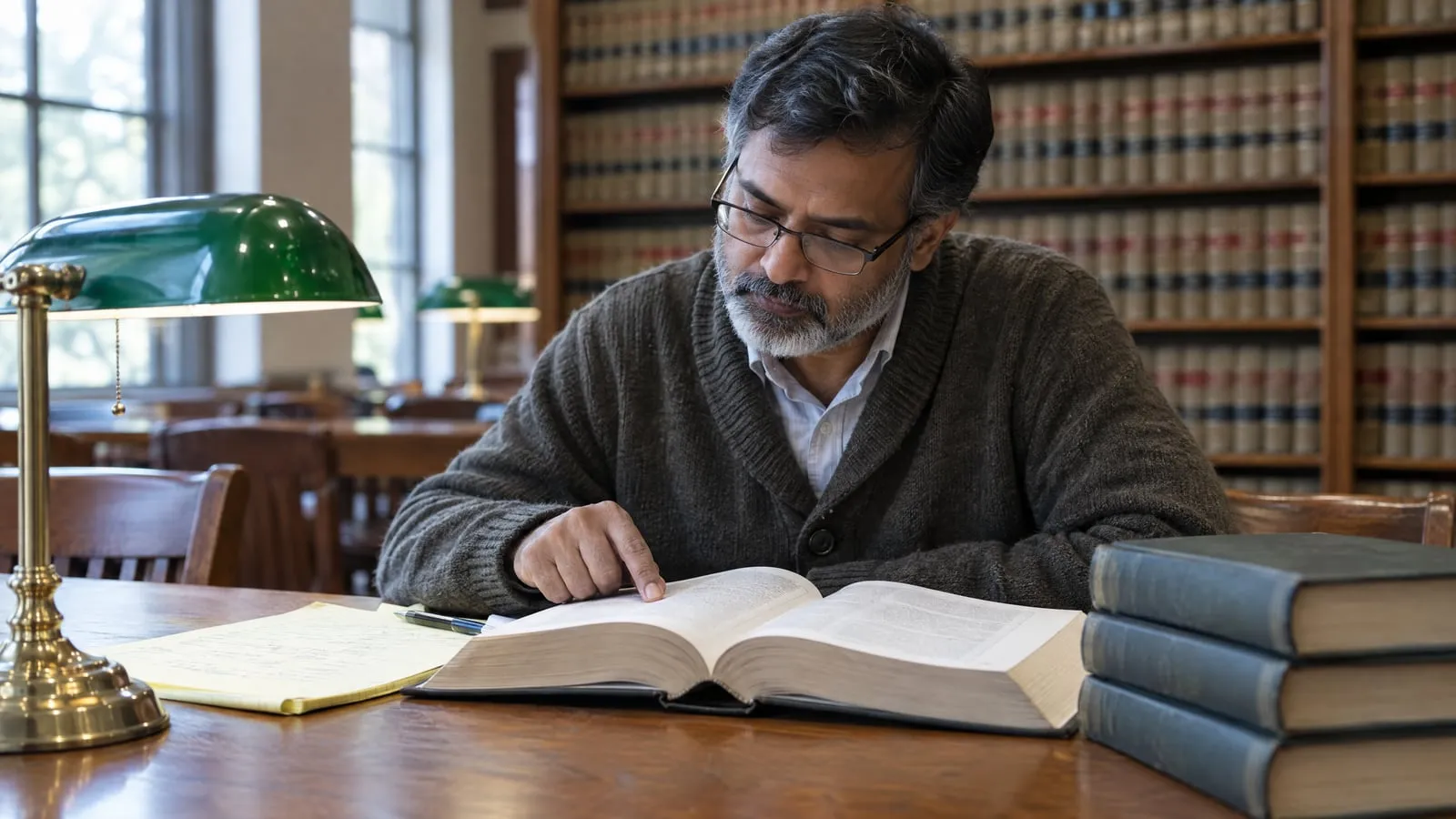A man reads a heavy volume of state statutes at a law library table, a legal pad of notes beside him