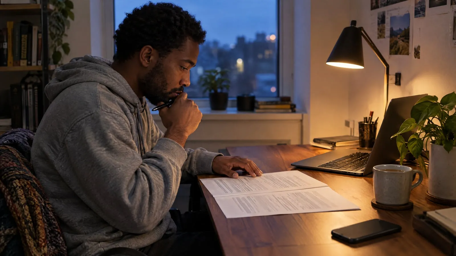 A man weighs a printed vending location offer at his home desk in the evening, pen held to his chin