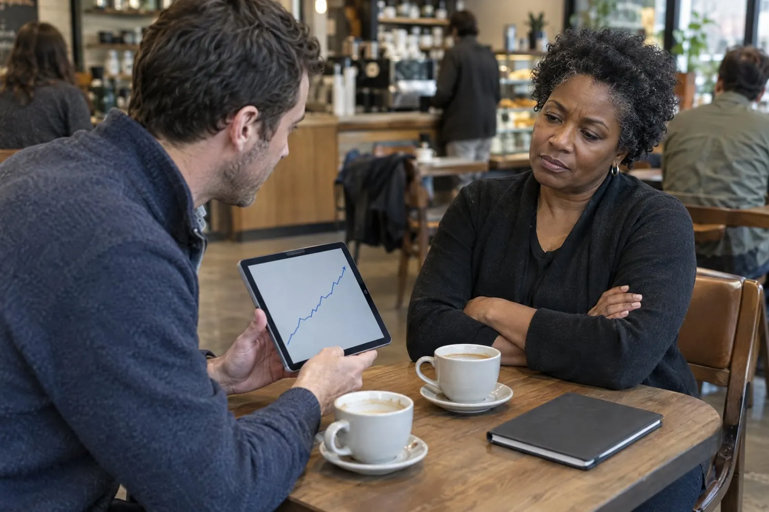A salesman turns a tablet showing a rising line graph toward a skeptical woman across a café table