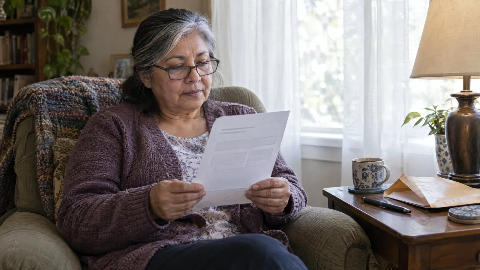 A woman by a living room window reads a one-page disclosure document, an opened envelope on the table beside her