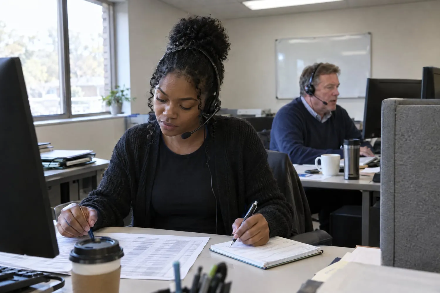 Two callers in headsets make phone calls at desks in a small office, one working down a printed list