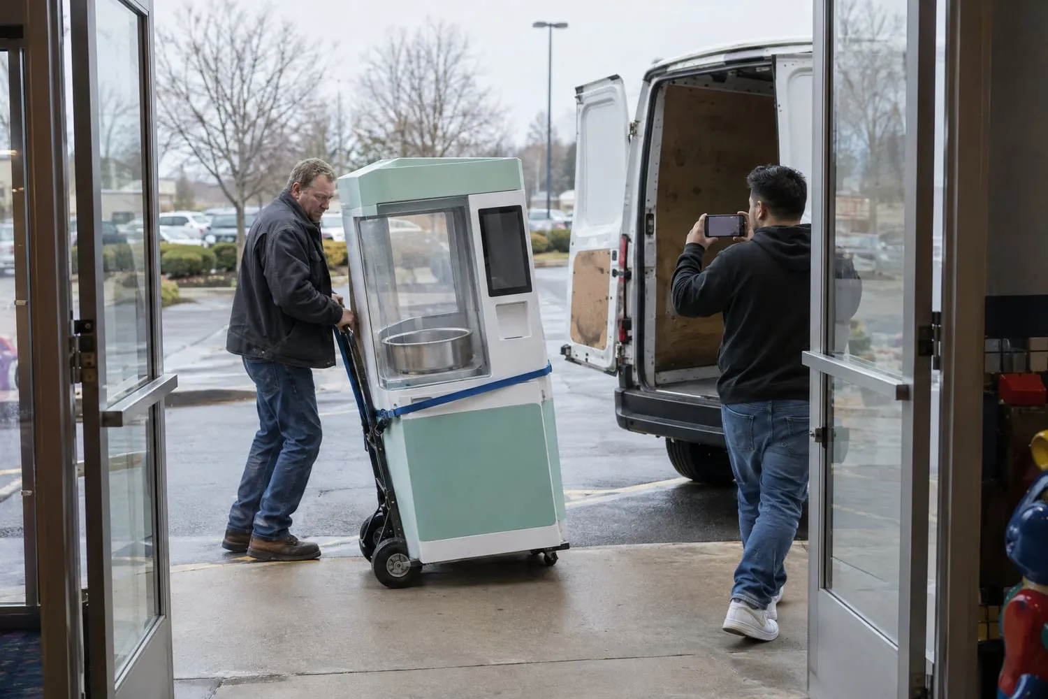 A man wheels a cotton candy vending machine out of a venue on a dolly as another films the removal on his phone