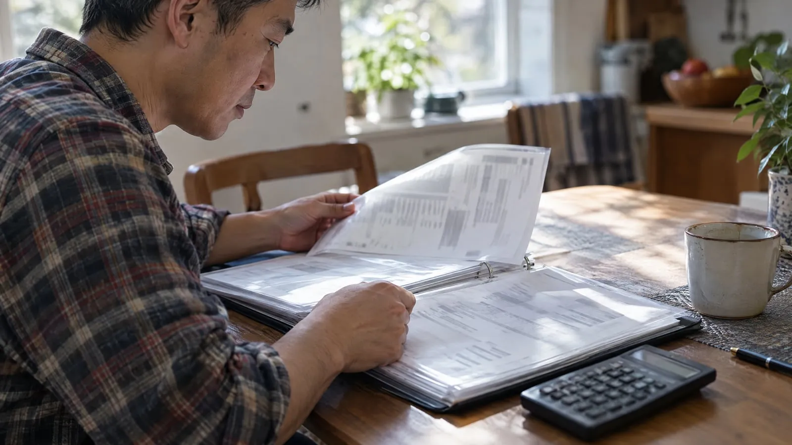 A man turns the pages of a binder of monthly invoices at a kitchen table, a calculator and coffee mug beside it