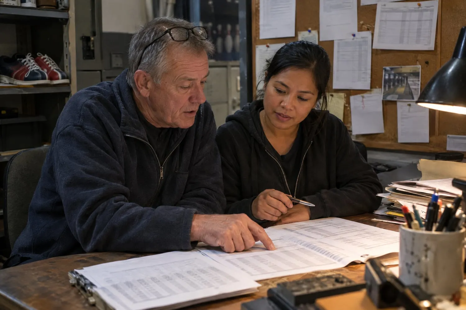 A bowling alley owner and a vending operator review a monthly sales sheet together at a cluttered back-office desk