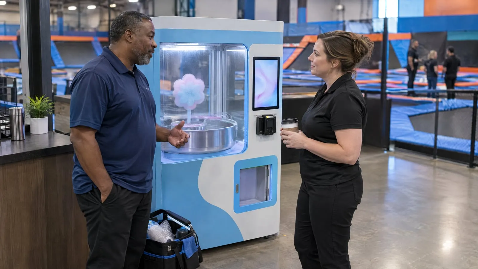 An operator beside his cotton candy kiosk talks with a trampoline park's manager in the venue's lobby