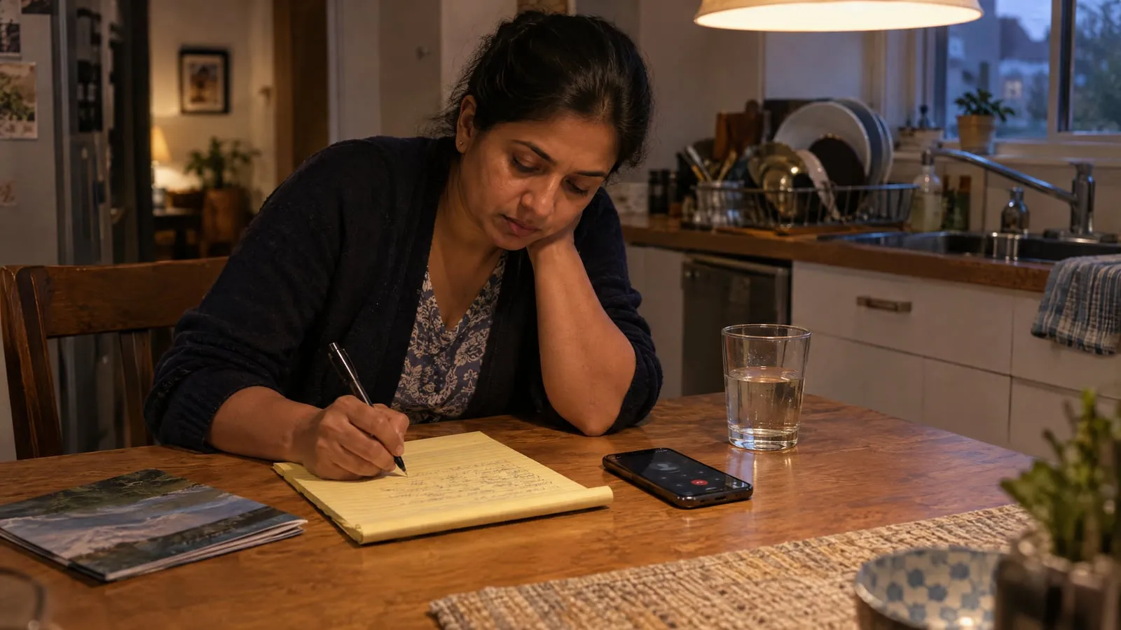 A woman writes notes on a yellow legal pad during a speakerphone call at her kitchen table in the evening