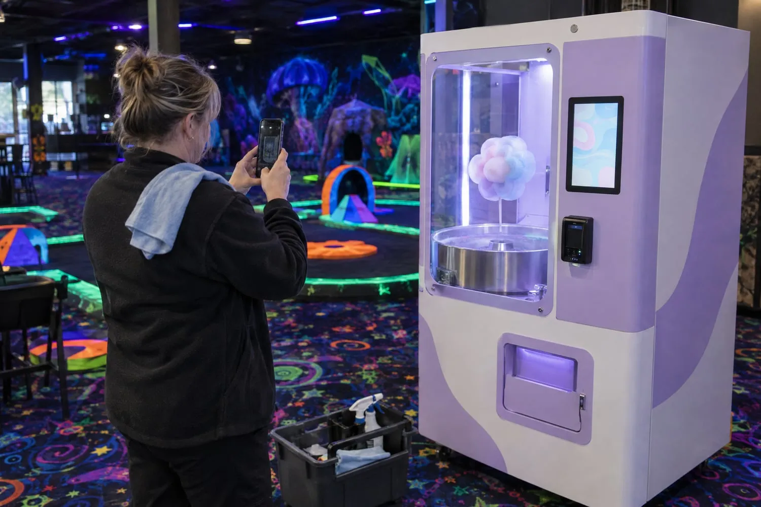 An operator photographs her freshly cleaned cotton candy vending kiosk with her phone in a mini-golf lobby