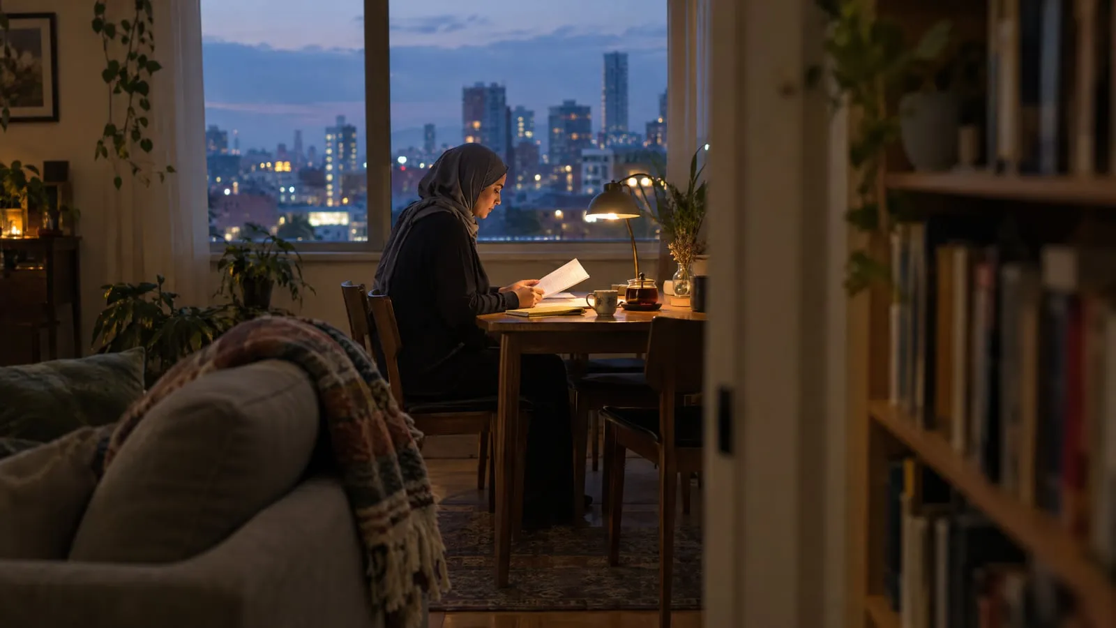 A woman in a headscarf reads a stapled contract by lamplight at a dining table beside a city window at dusk