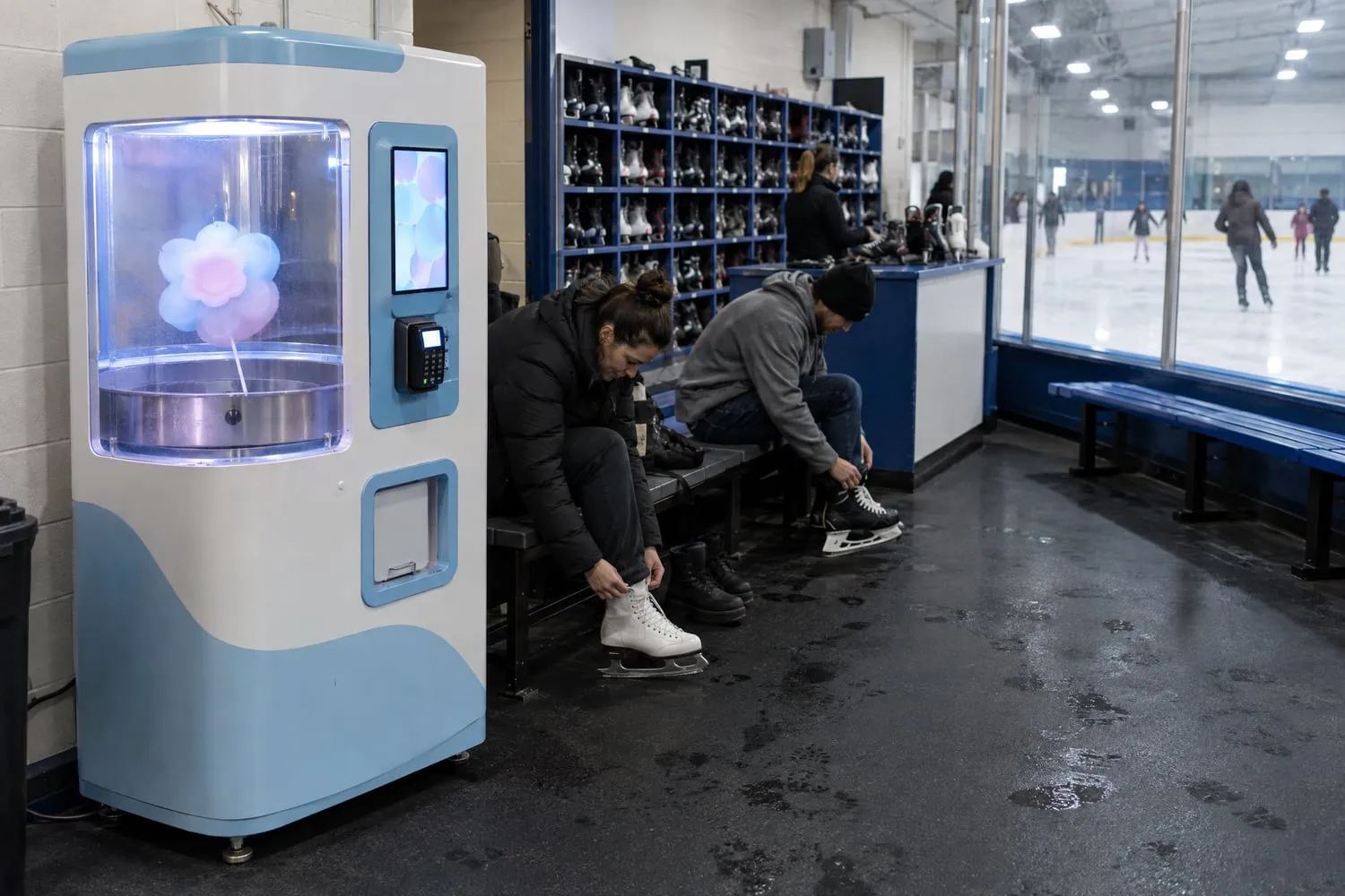 A cotton candy vending kiosk stands in an ice rink lobby beside benches where adults lace up their skates