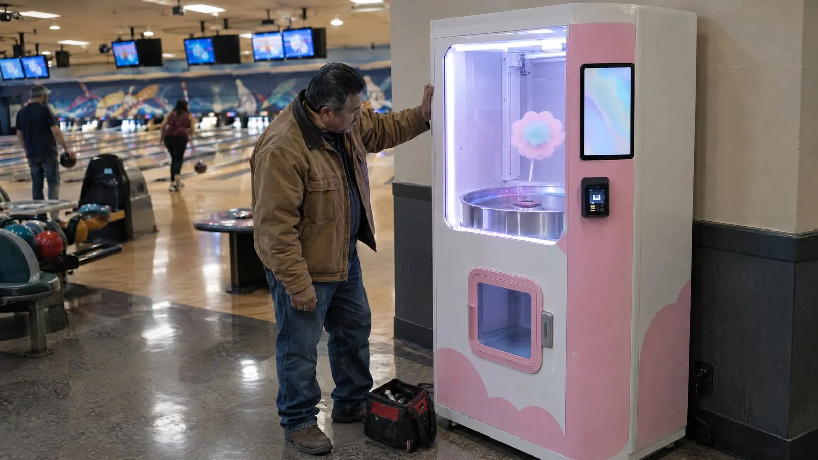An operator inspects a cotton candy vending kiosk placed against a wall on a bowling alley concourse