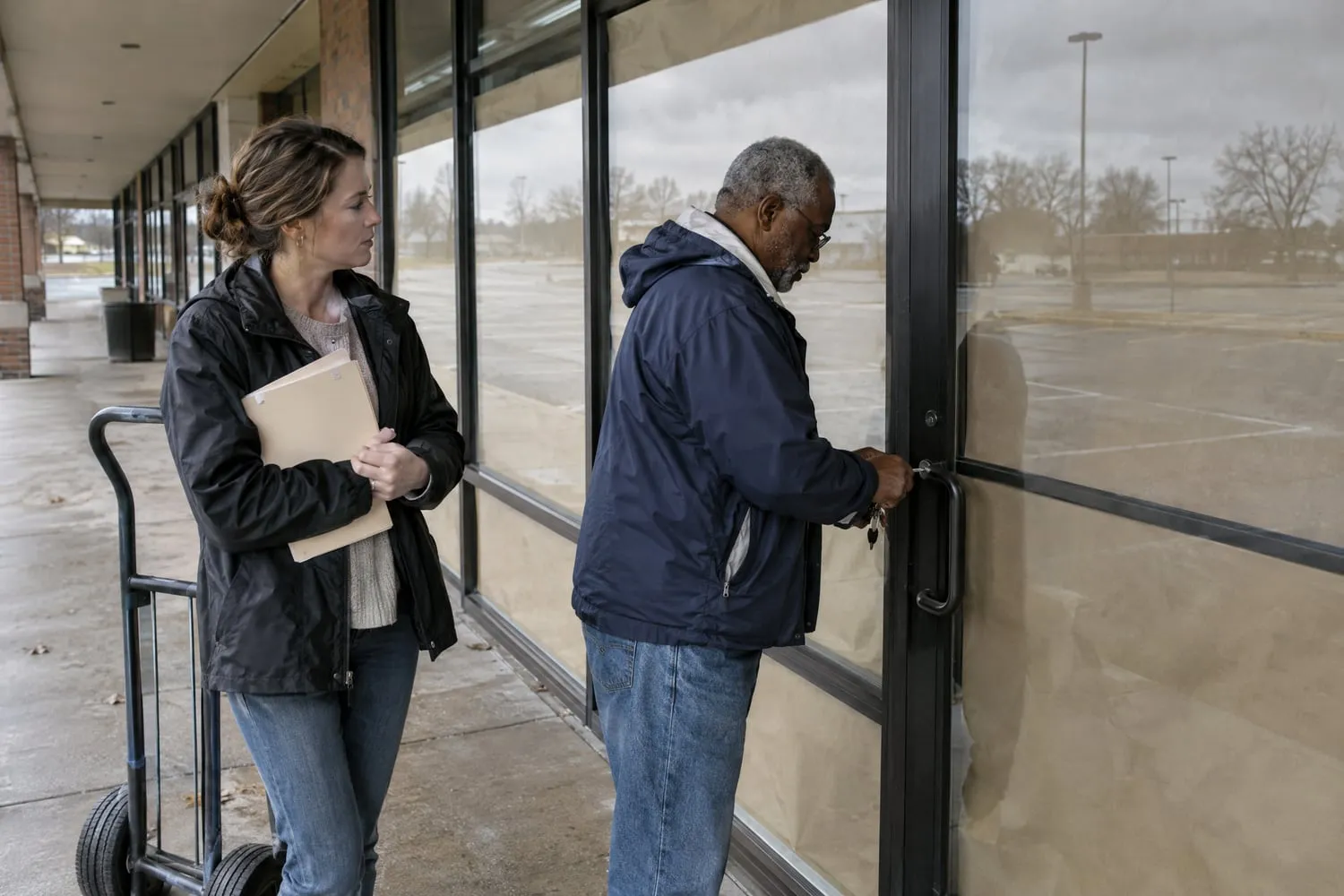 A property manager unlocks a closed storefront for an operator who holds a folder, an empty hand truck beside her