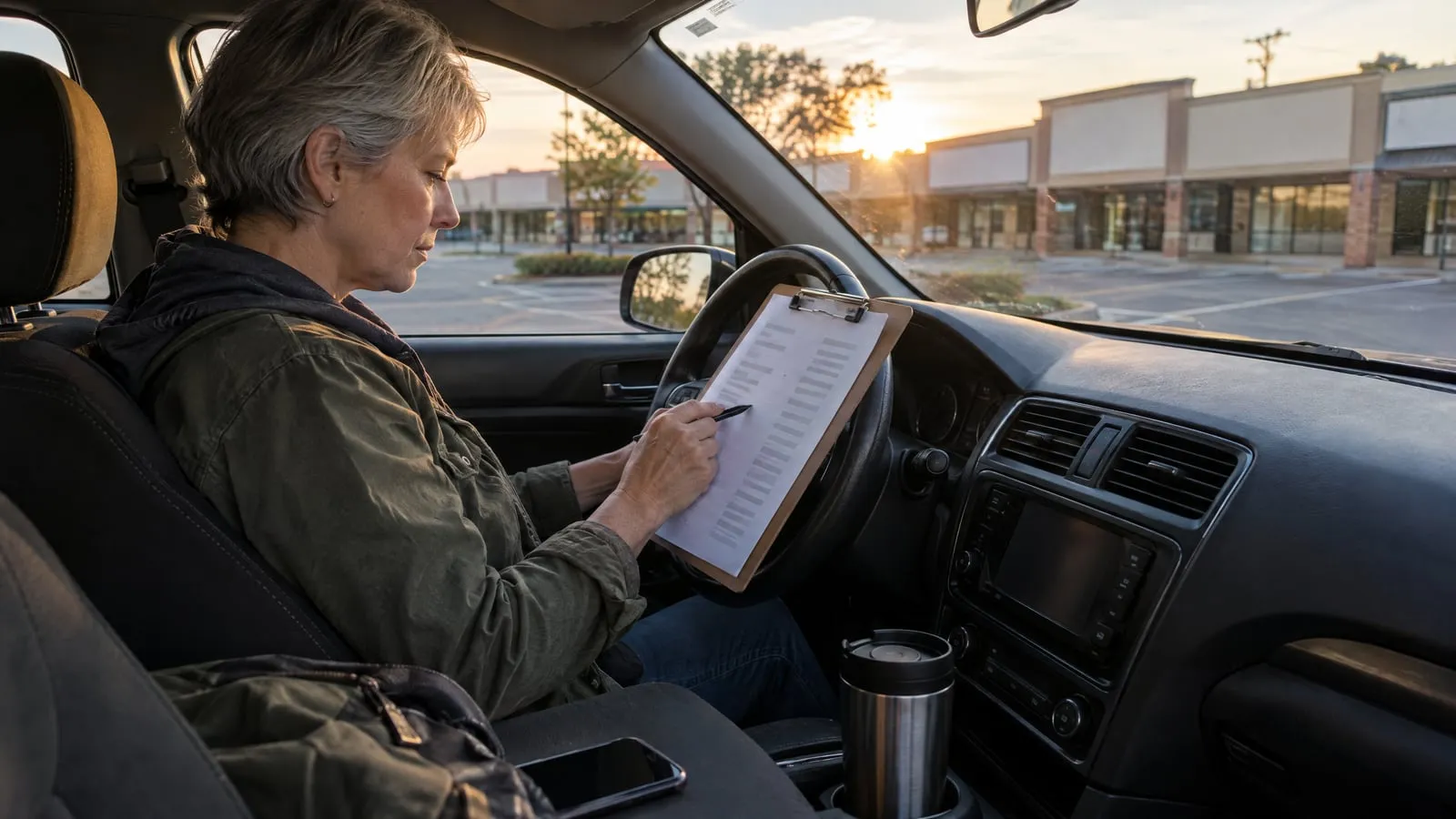A woman in a parked car runs a pen down a printed list of businesses on a clipboard propped on the steering wheel