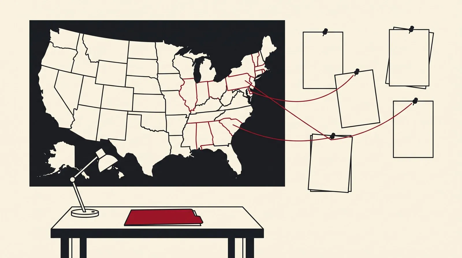 A wall map of the United States in an operator's office, with signed placement sheets pinned beside it