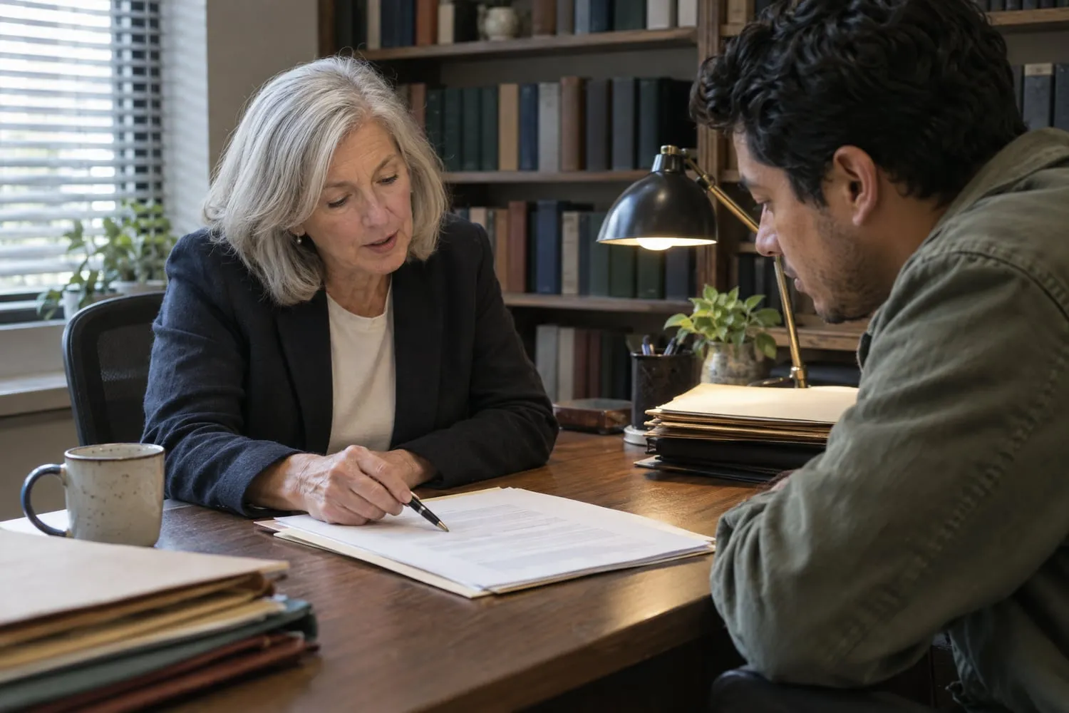 An attorney points her pen at a contract clause while a client leans in across her desk in a small law office