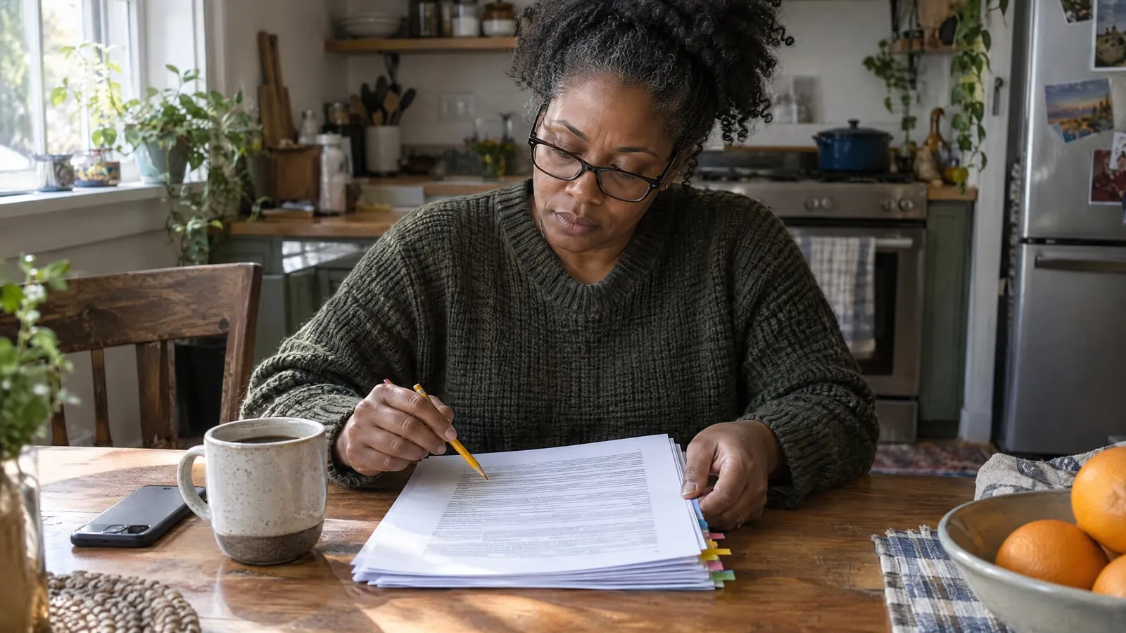 A woman in reading glasses reads a stapled vending locator contract at her kitchen table, pencil in hand