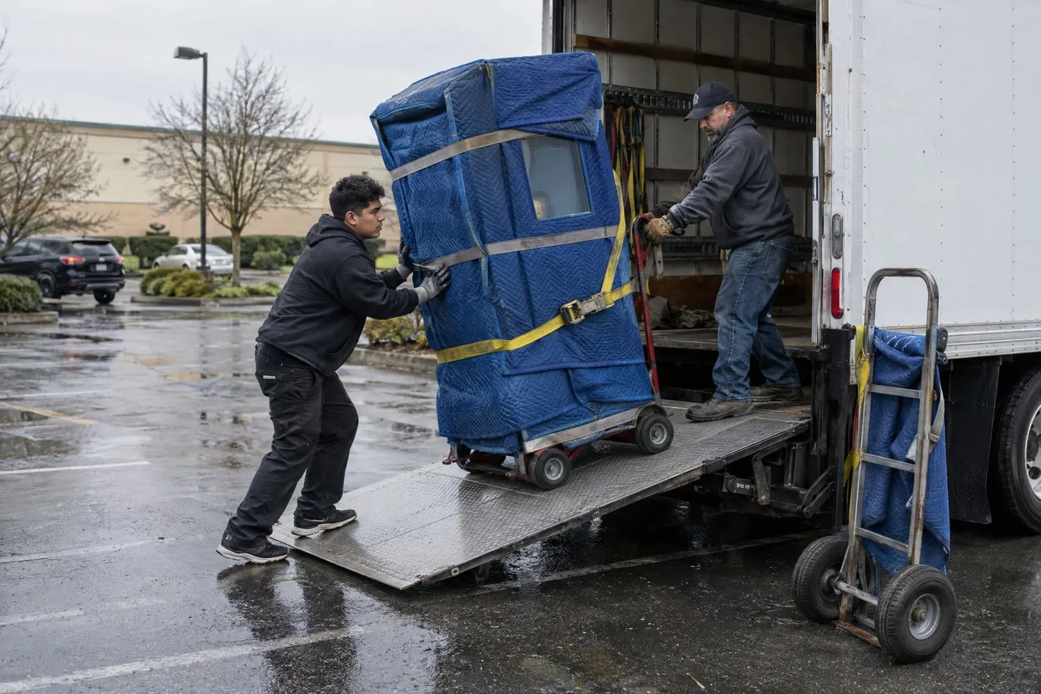 Two movers roll a blanket-wrapped vending machine on a dolly up the ramp of a plain white box truck