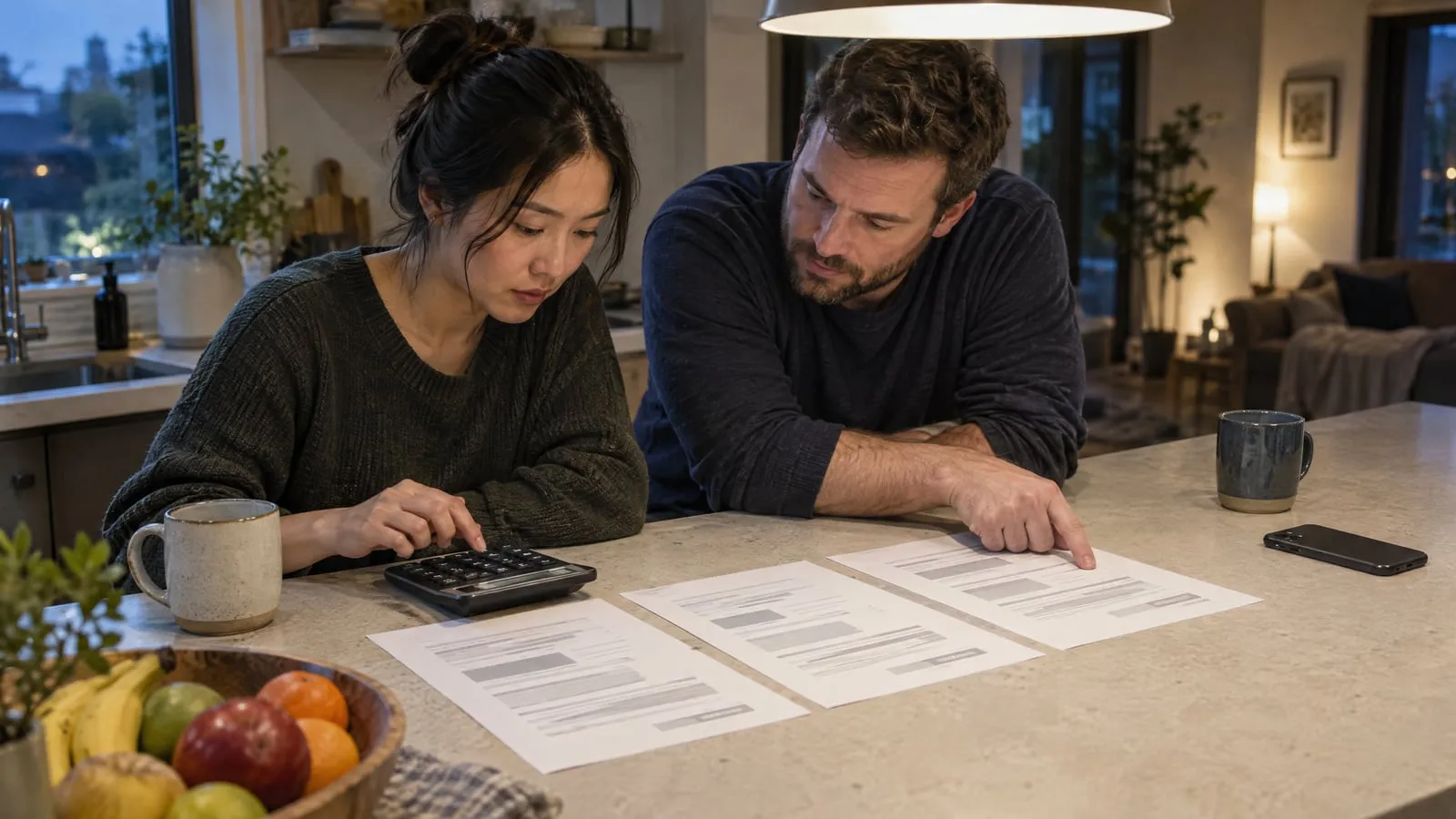 A couple compares three printed vending locator quotes at a kitchen island, one of them working a calculator