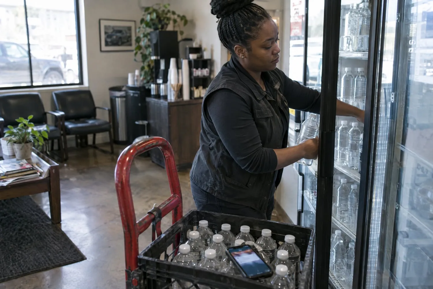 An operator restocks a drink cooler in a repair shop waiting room while a new message lights up her phone