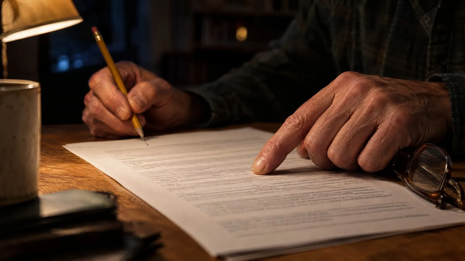 An older man's finger stops beneath one line of a contract's guarantee clause, a pencil in his other hand
