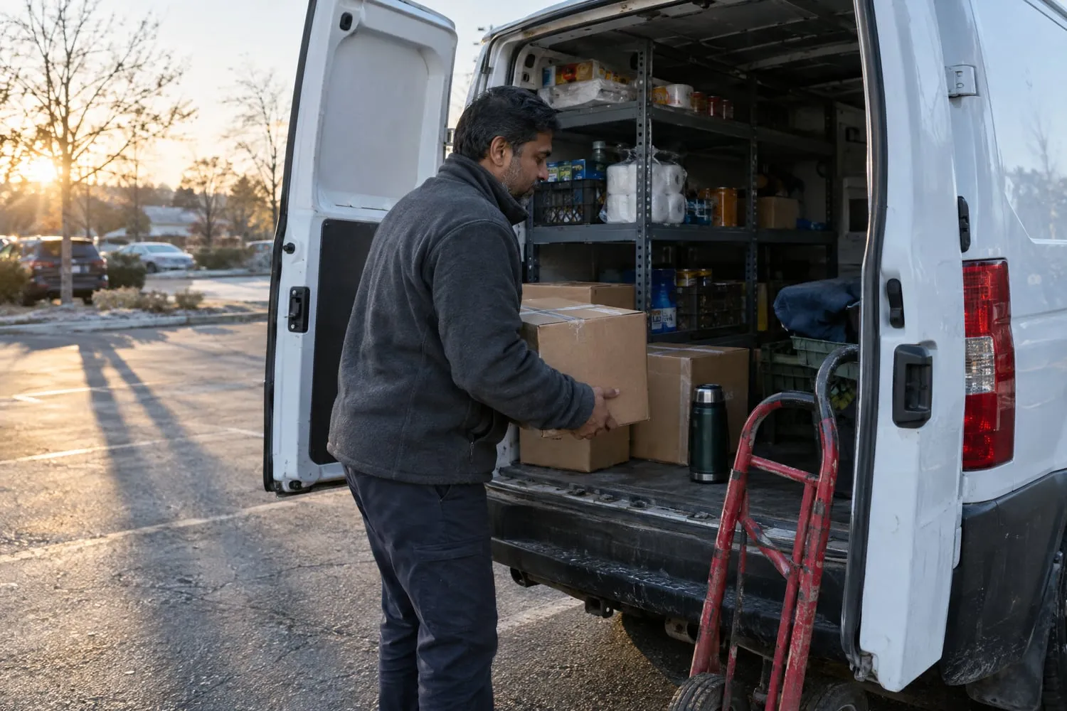 An operator loads supply cartons into a white cargo van in an early-morning parking lot before a service run