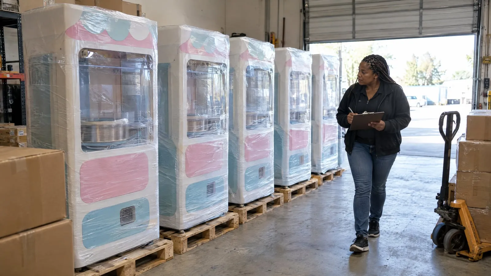 An operator with a clipboard walks past a row of film-wrapped cotton candy vending machines in a small warehouse