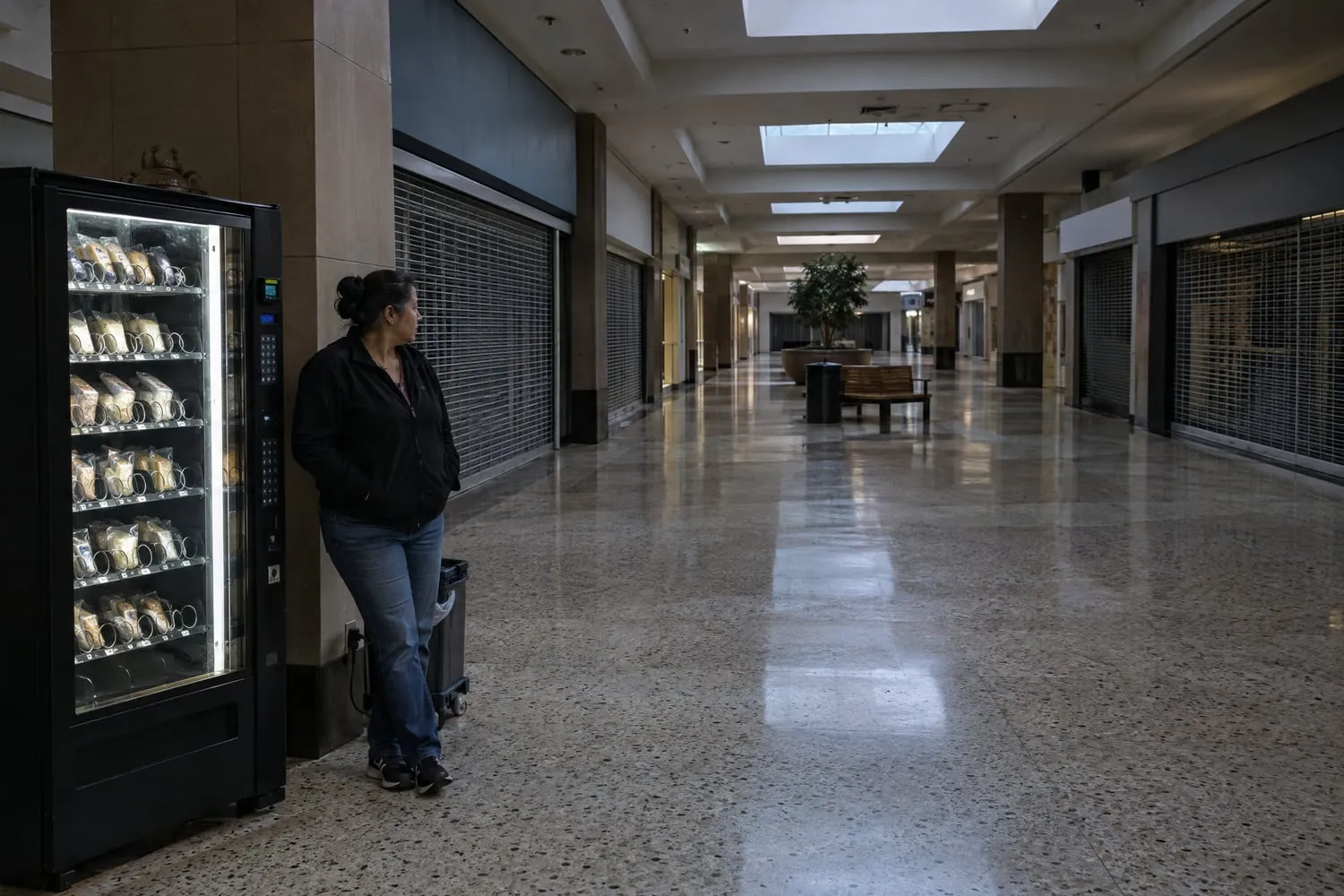 An operator stands beside a lone snack machine in a nearly empty mall corridor lined with shuttered storefronts