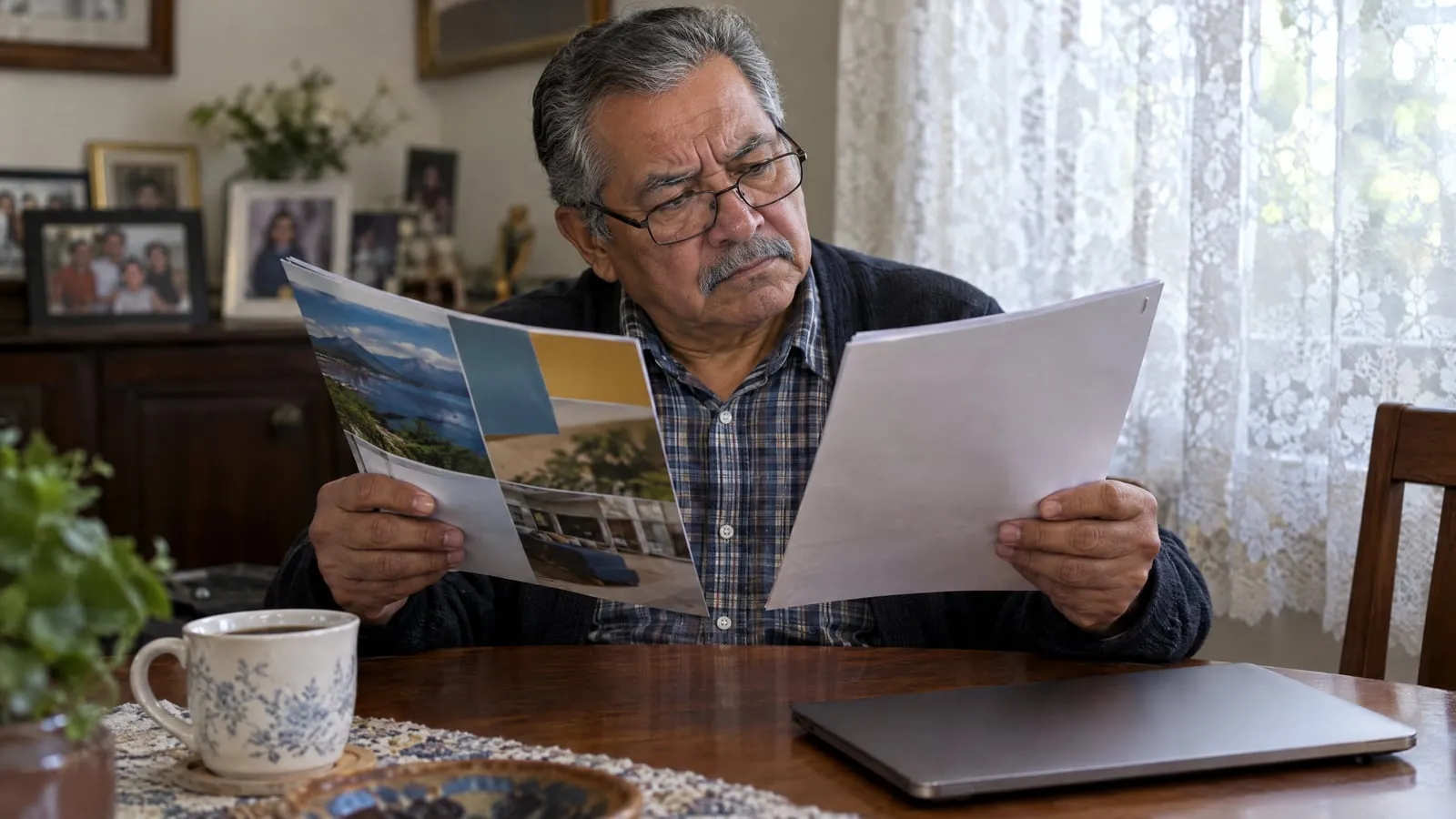 A retired man frowns as he compares a glossy sales brochure with a stapled contract at his dining table