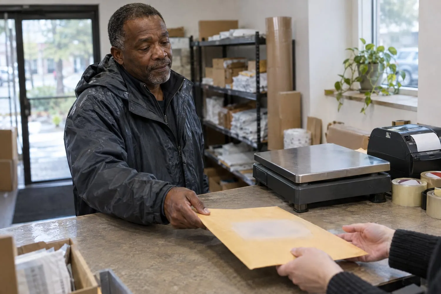 A man slides a large envelope across a shipping counter to a clerk, a parcel scale and tape rolls beside them