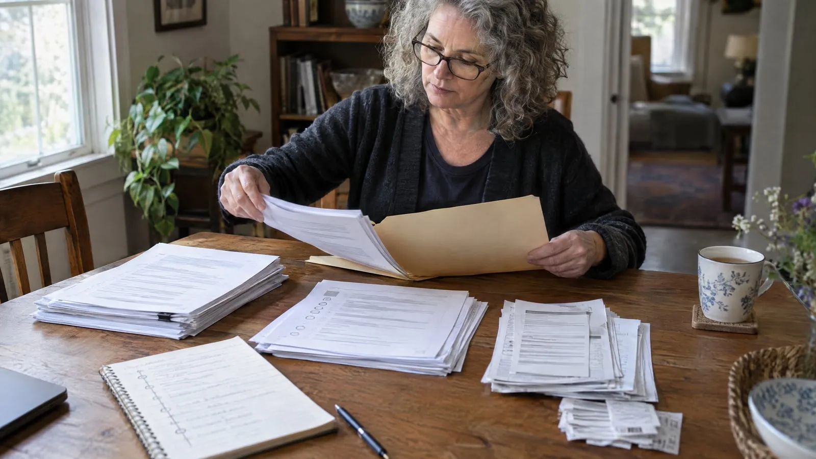 A woman sorts a contract, printed emails and card statements into a manila folder at her dining table