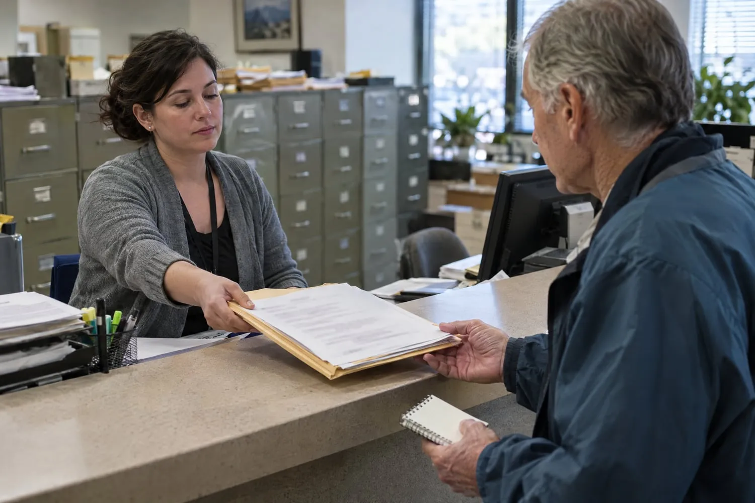 At a county records counter, a clerk slides a thick folder of court filings to a man holding a small notepad